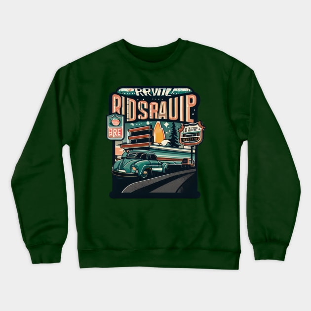 A graphic that captures the vintage vibe of a classic road trip, complete with iconic roadside attractions and retro typography. Crewneck Sweatshirt by maricetak